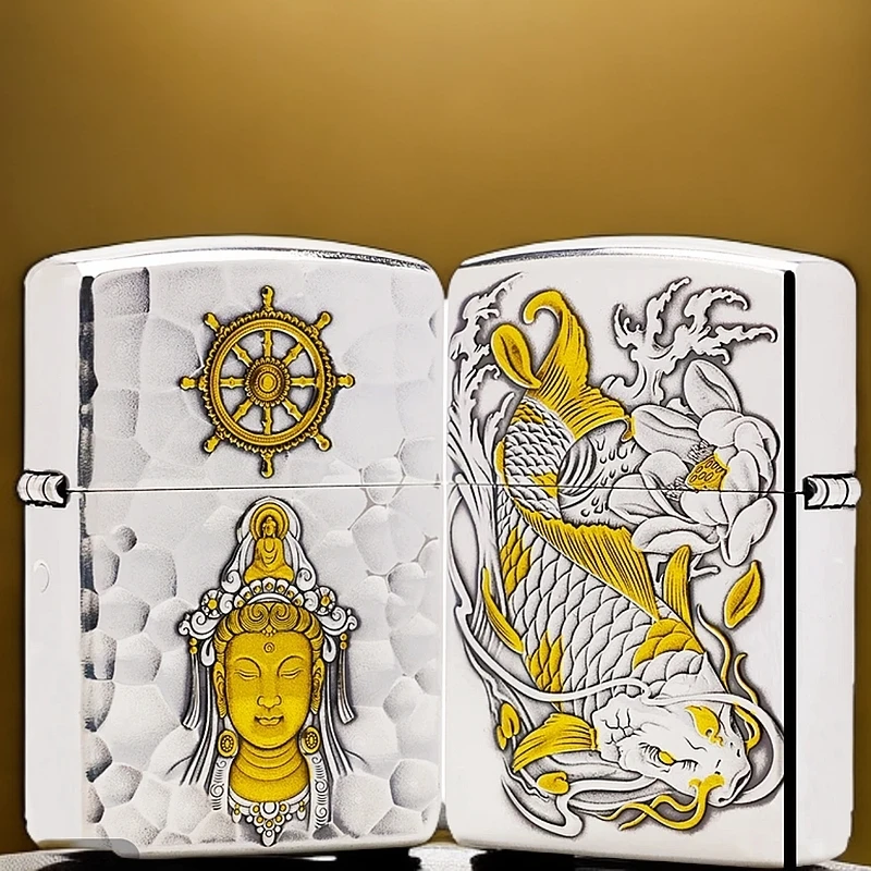 ZIPPO/之宝蚊版镀银鎏金观心龙鱼立体浮雕盔甲防风打火机DYJ1