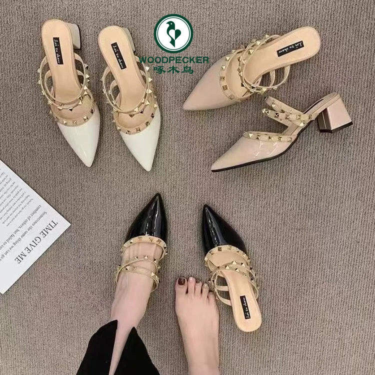 啄木鸟小香风铆钉高跟鞋女包头半拖鞋外穿时尚2025柳丁尖头凉拖鞋