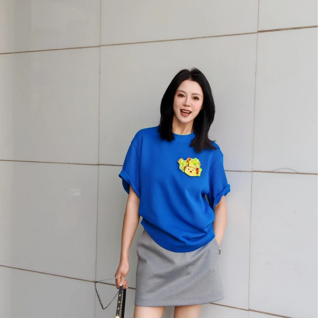 AMASS/阿玛施「海冰淡蓝」印花圆领百搭T恤新潮风530088