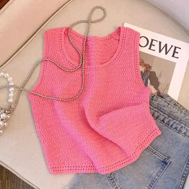 玫红色针织吊带小背心女外穿2025年夏季新款修身显瘦无袖打底上衣