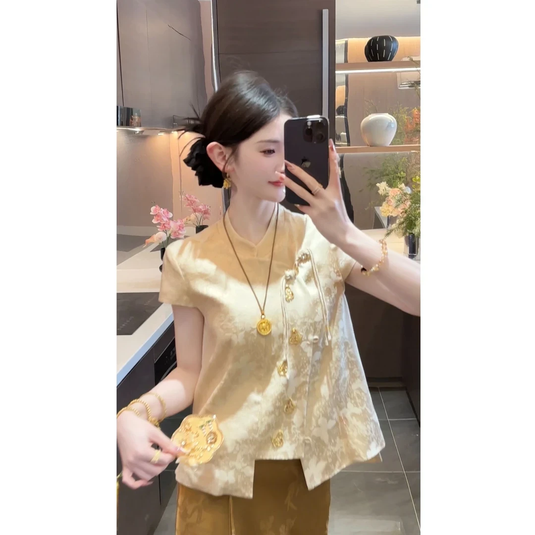 【金盏】2025新款国风立领设计感气质百搭上衣女装别致新中式短袖潮