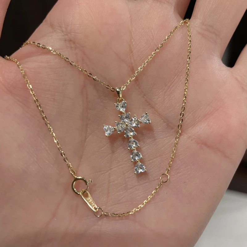 坠链均925银合成锆石 金色爱心十字架项链