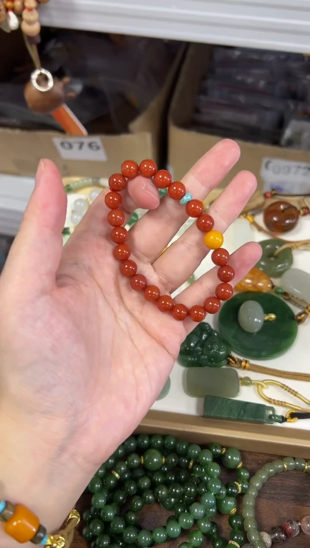 未镶嵌手链玛瑙/玉髓柿子红玛瑙蜜蜡顶珠款手串8M[0490]