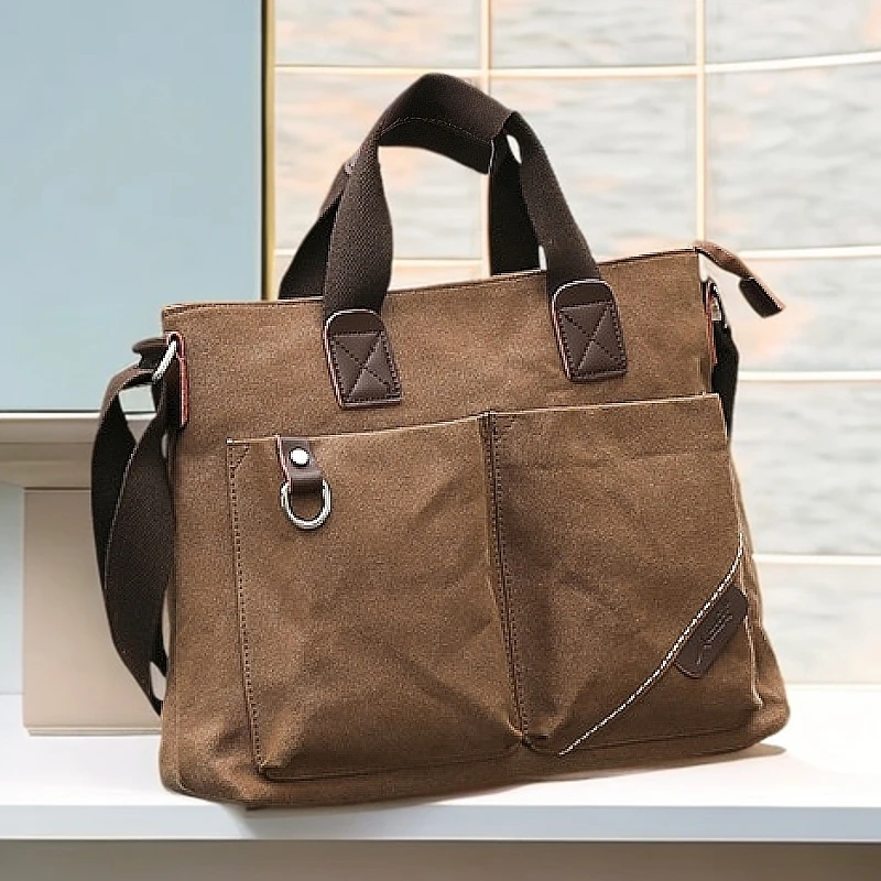 手提公文包男士商务通勤单肩斜挎包潮流帆布男包邮差包上班电脑包