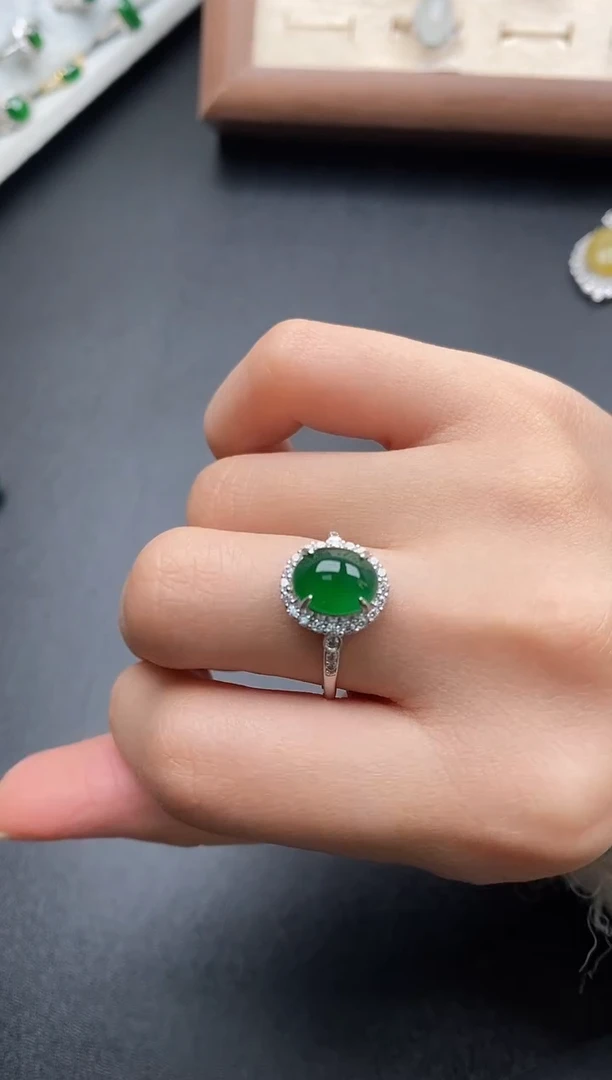 银S925镶嵌戒指翡翠闫*花一物一证一礼盒