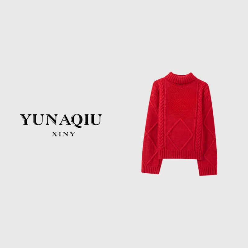 YUNAQIU-高领时尚百搭红色秋冬套头圆领女装上衣-8719