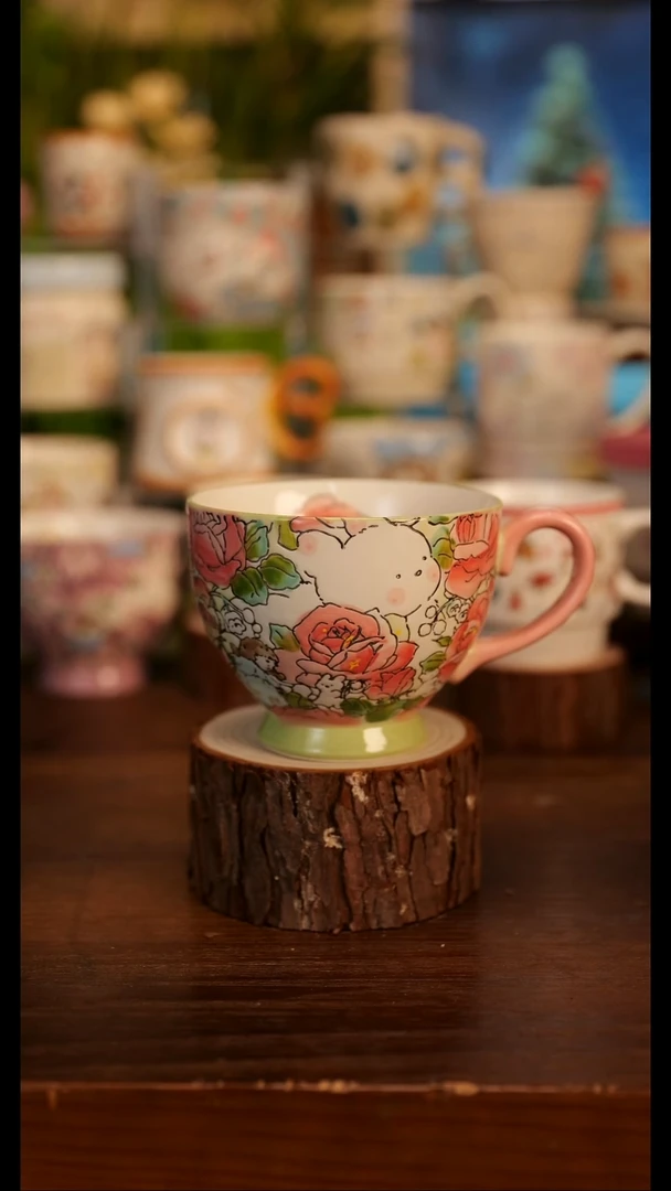 阿满早餐杯 玫瑰   手绘釉下彩