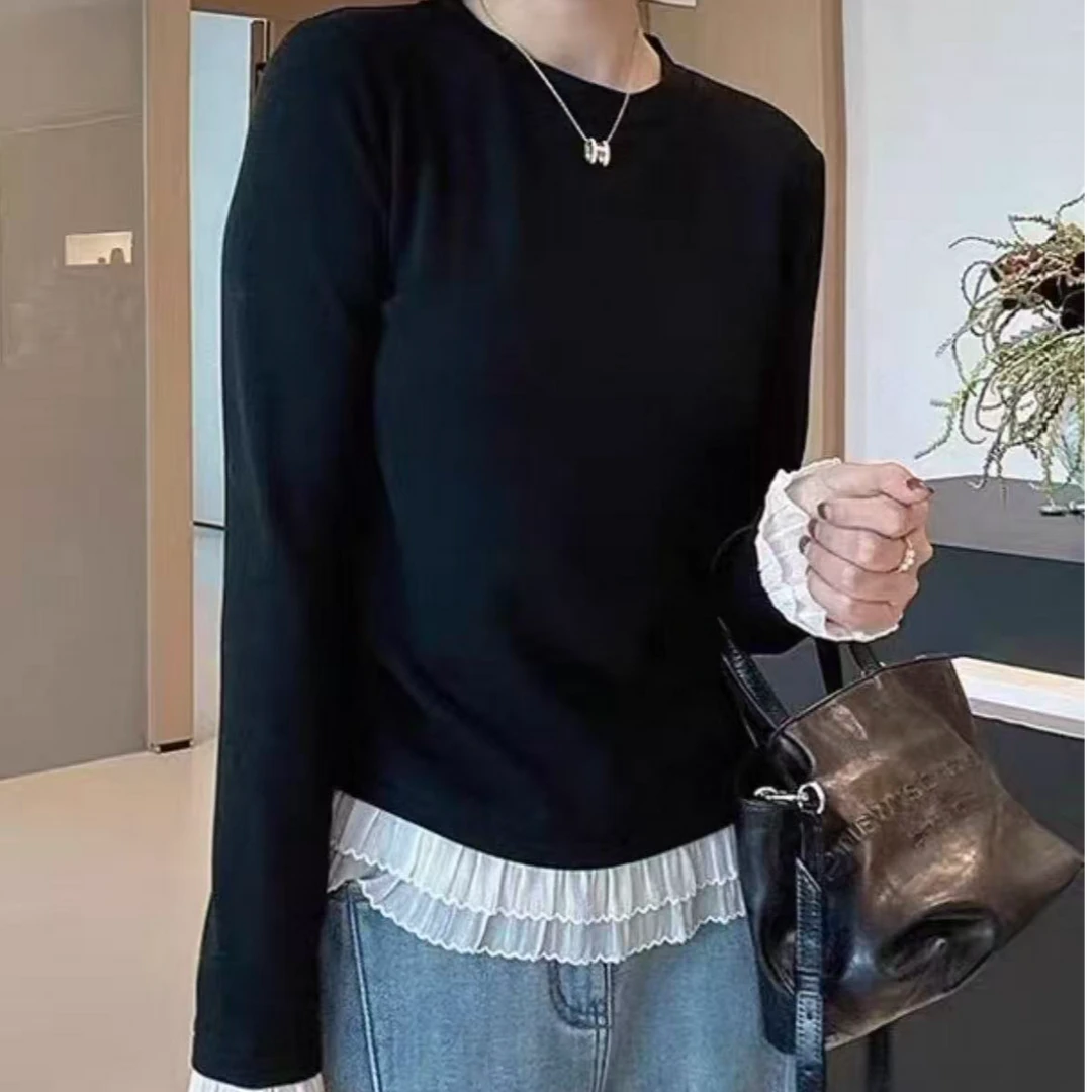 【艾萱萱】7186款蕾丝花边德绒长袖T恤女 约55