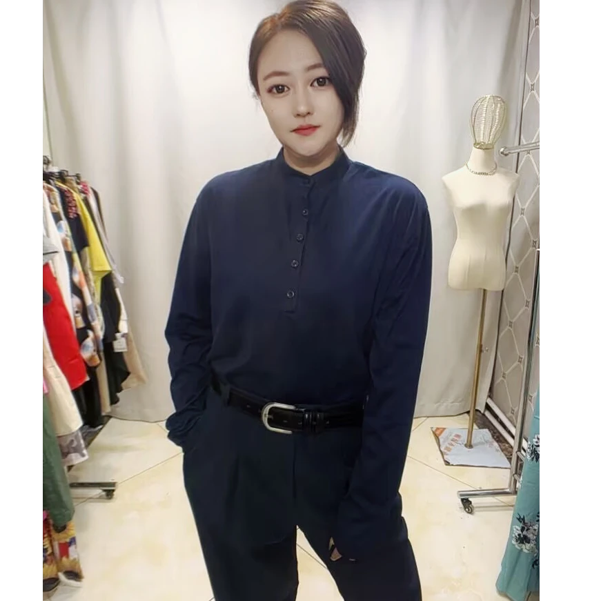 简约时尚气质套装女秋款藏青色显白长袖T恤西装长裤两件套