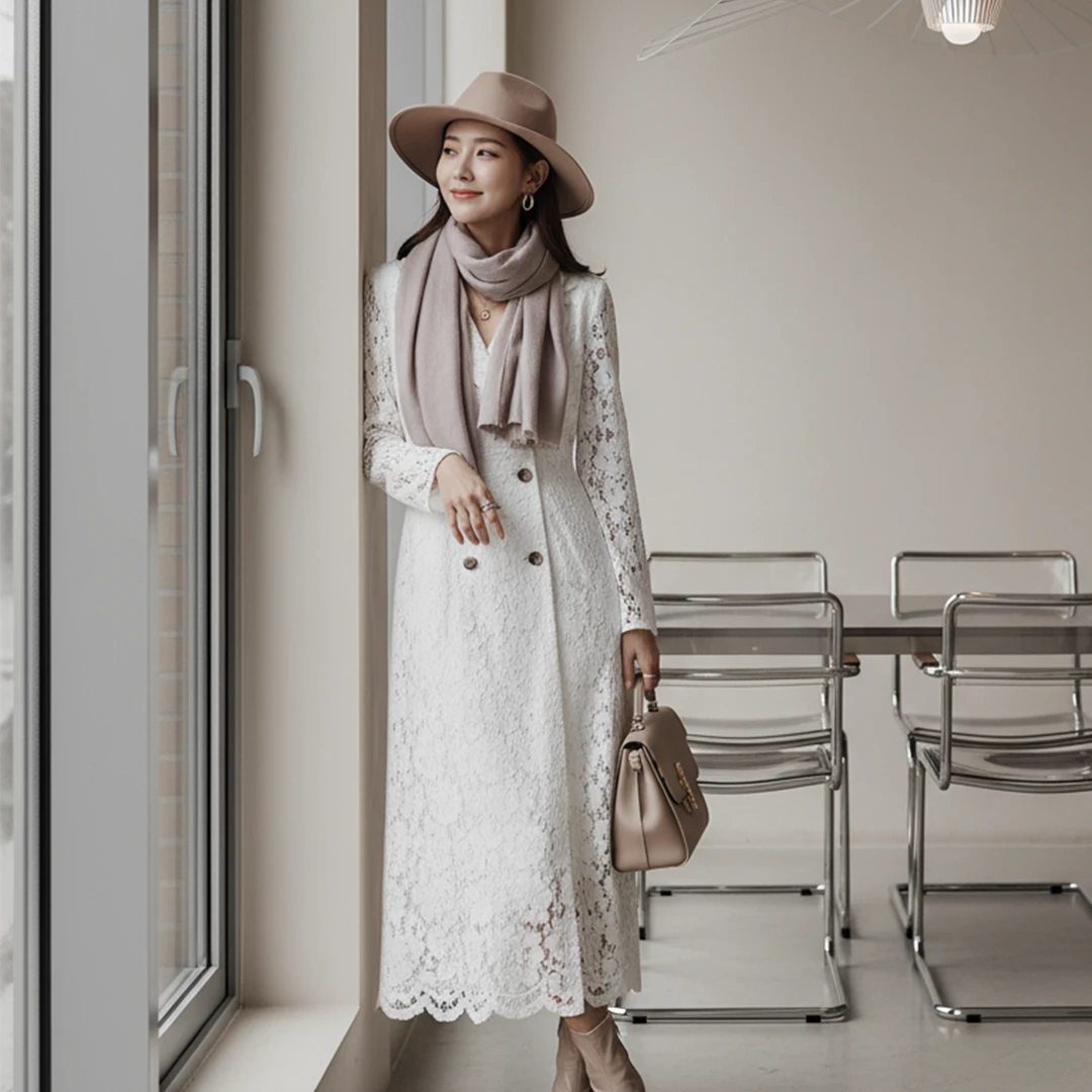 秋装设计师镂空花边蕾丝长袖连衣裙女轻奢长款西装裙HBZXP621311