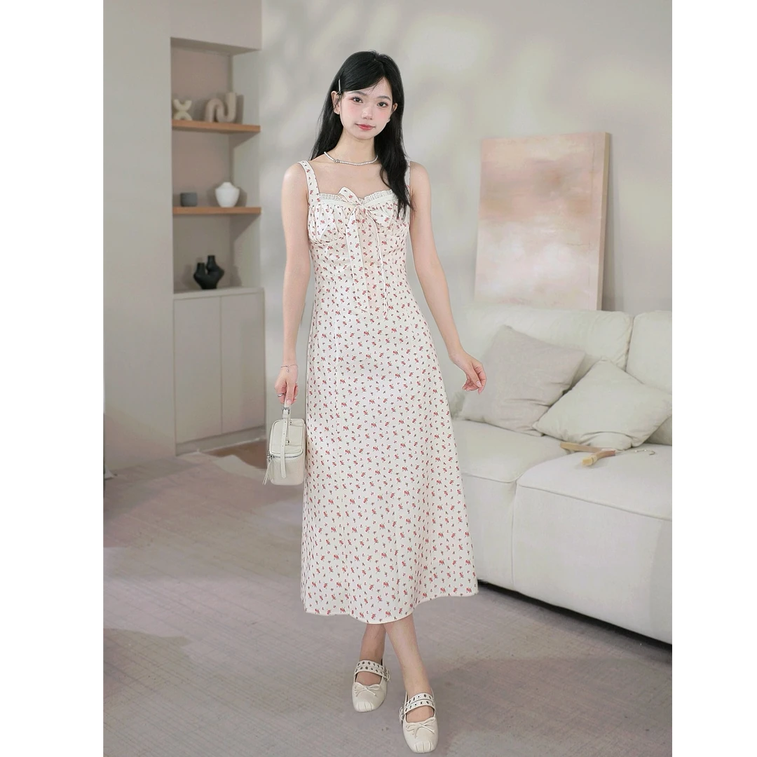 【小野莓】春夏甜美气质蝴蝶结假两件碎花收腰显瘦连衣裙子BL87370
