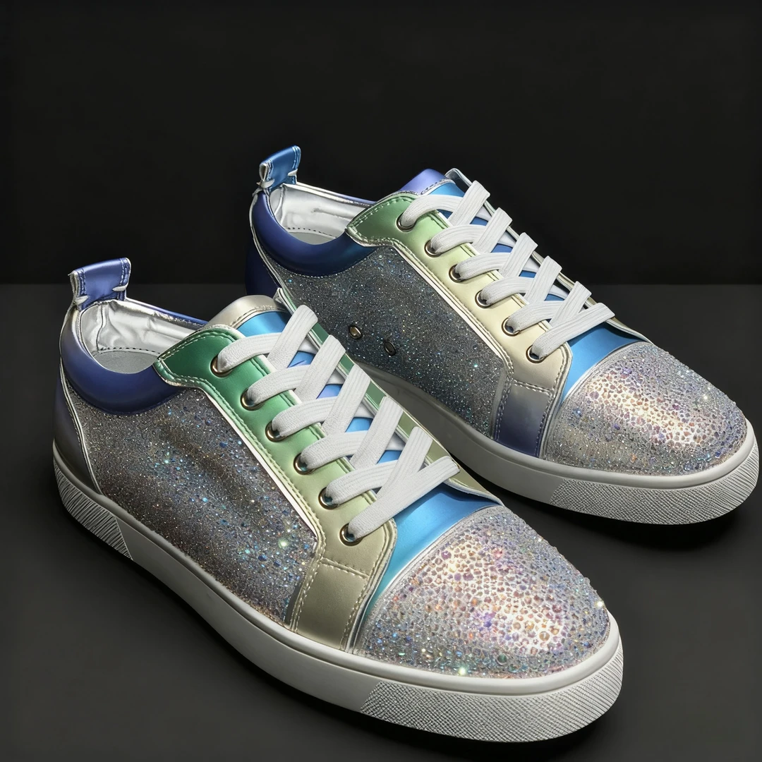 欧美新款红底休闲板鞋水钻幻彩高档轻奢男鞋设计感潮鞋高端低帮鞋