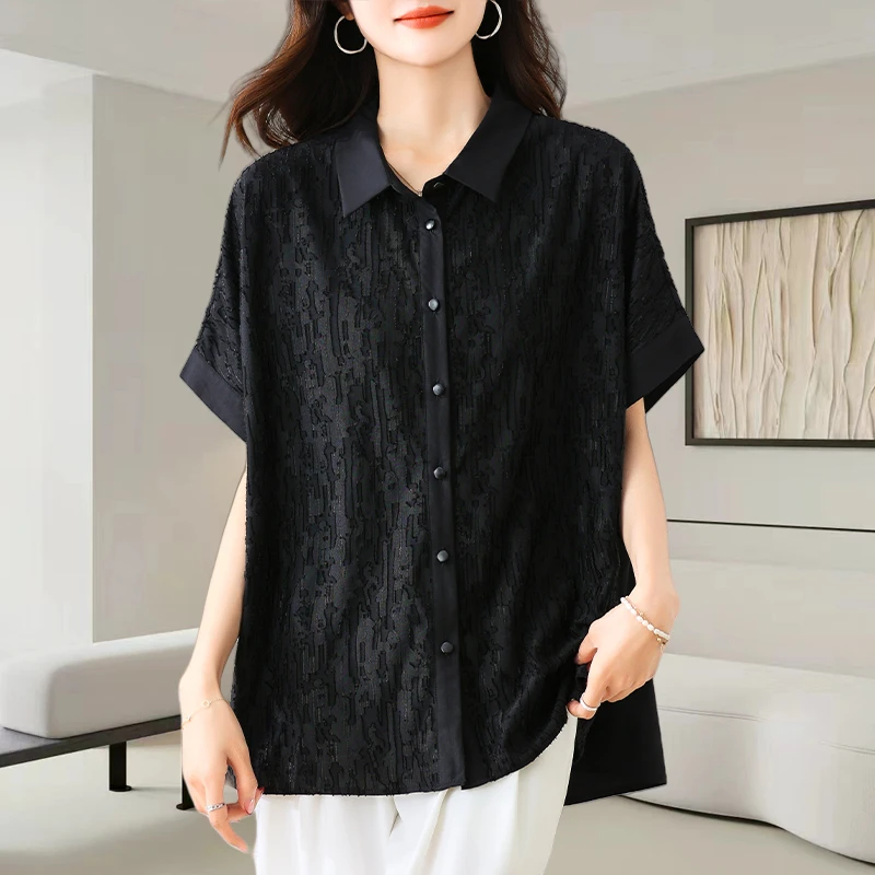 黑色翻领短袖衬衫女夏季2025新款时尚宽松重工提花薄款设计感上衣