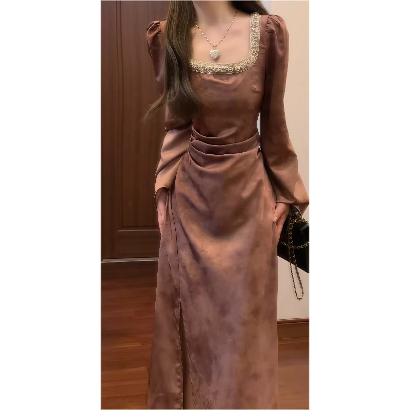 法式油画手工钻石领捏皱收腰连衣裙气质鱼尾修身长裙9788