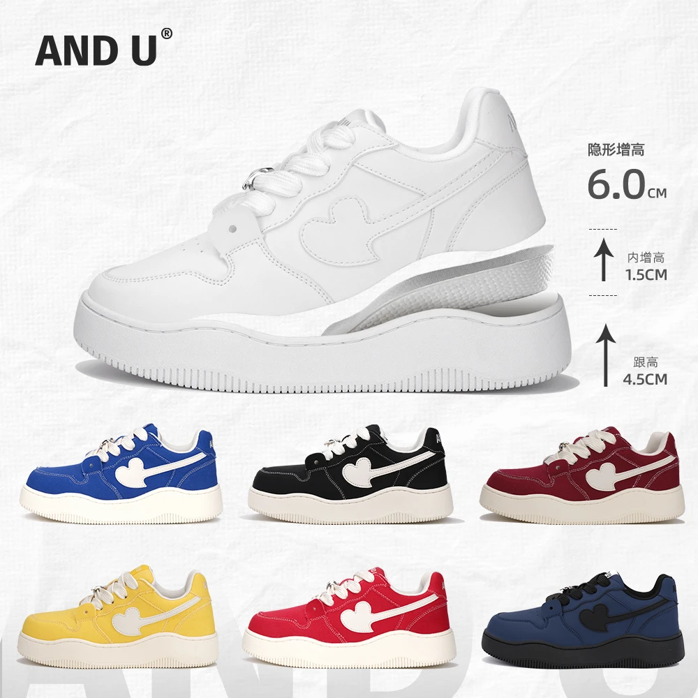 AND U新款休闲面包鞋百搭潮流厚底6CM增高爱心鞋情侣板鞋男女同款