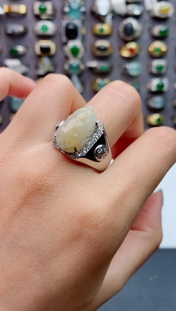 银S925镶嵌戒指翡翠天然翡翠男戒