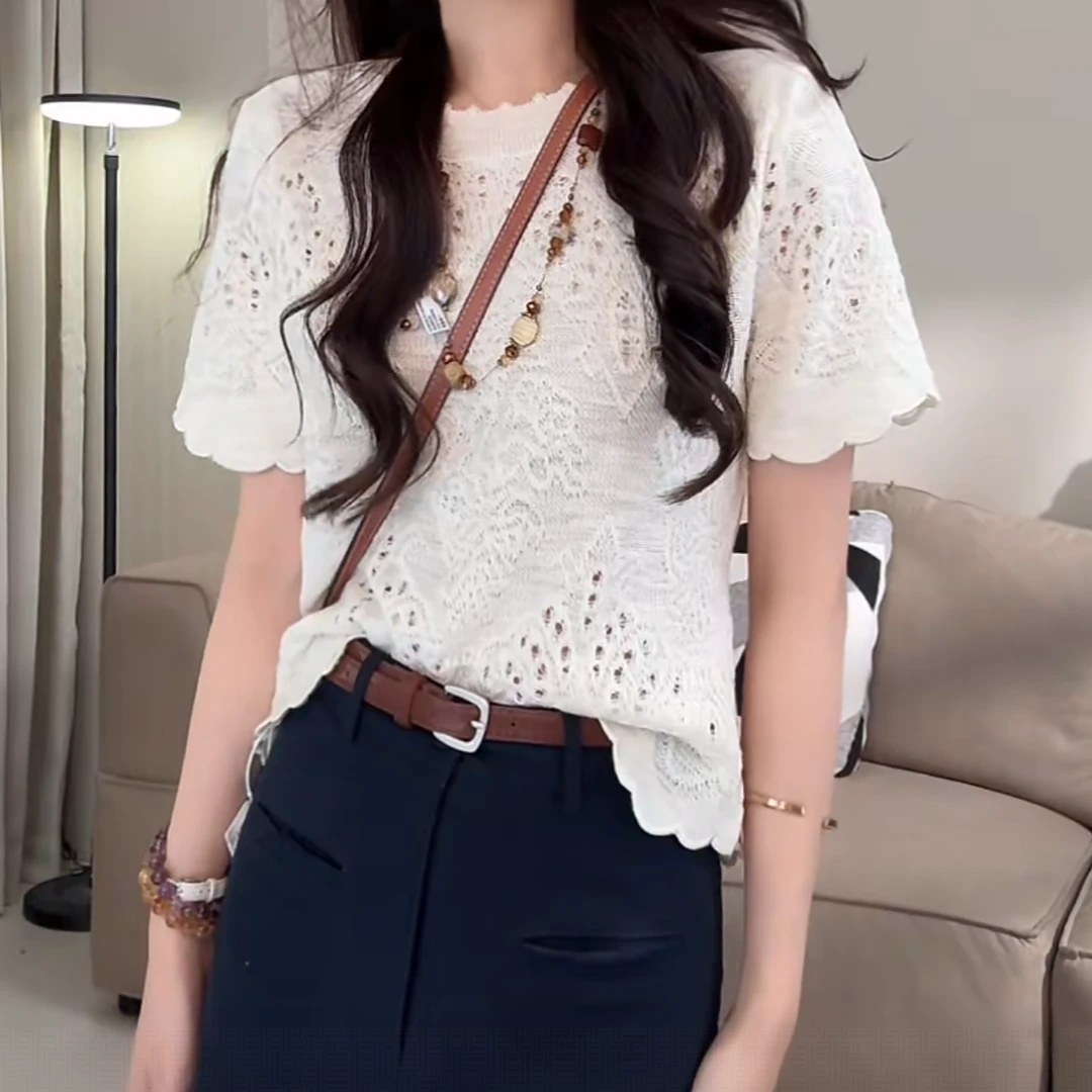 设计师重工钩花镂空圆领针织短袖女2025夏季新款时尚气质通勤上衣