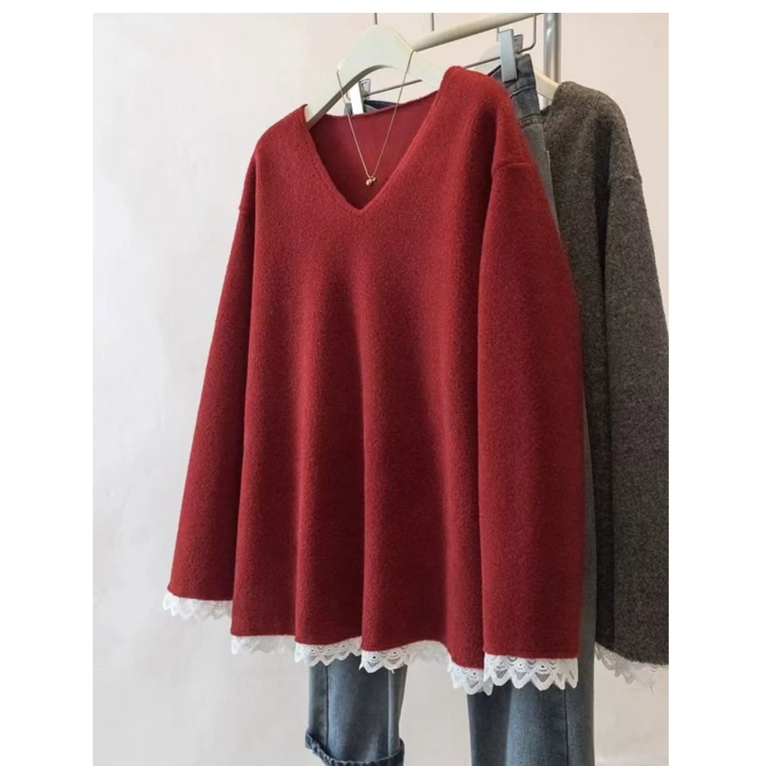【YC】春季新品百搭V领加厚下摆蕾丝洋气女士长袖卫衣