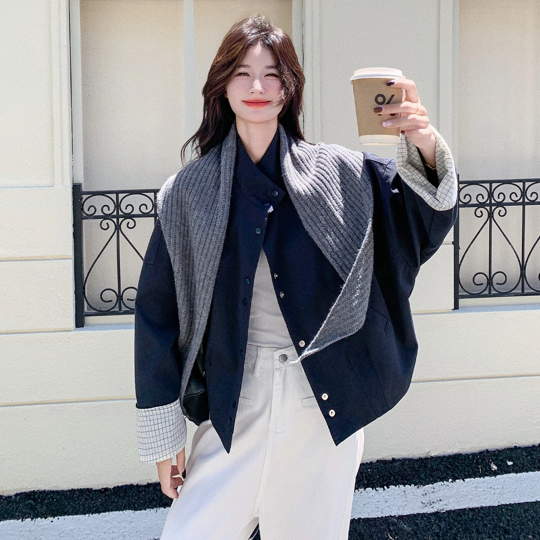 藏青色韩系针织披肩休闲短外套女2025秋季小个子宽松百搭夹克上衣