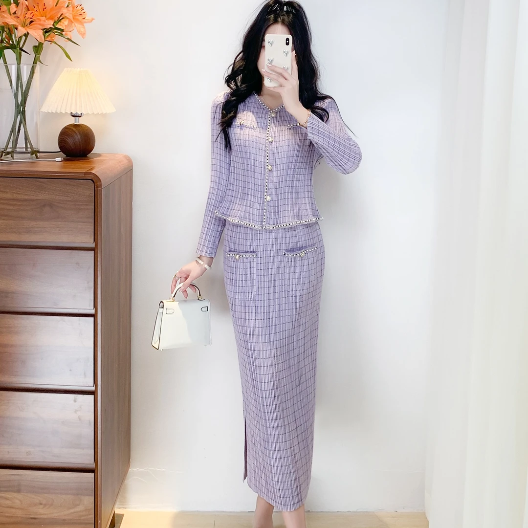 2025春款格纹小香风短千金风褶皱套装气质减龄包臀连衣裙两件套
