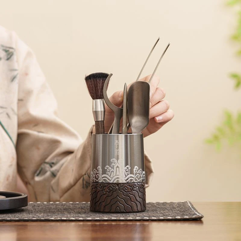 物姿纯钛高端茶道六君子茶具配件茶夹茶刀茶针茶勺高档黑檀木整套
