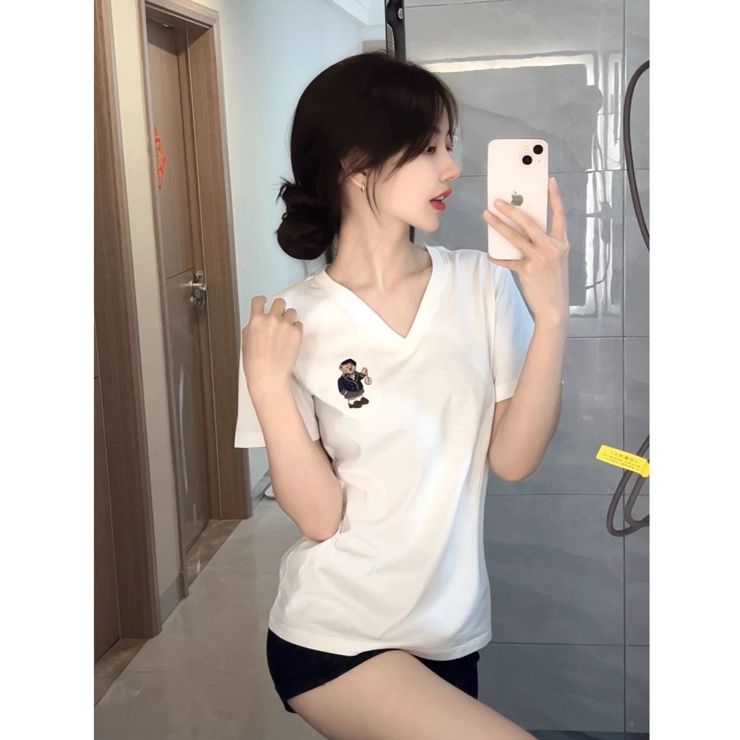 【UBKA】韩版白色正肩v领短袖t恤女夏季新款设计感小众显瘦百搭上衣