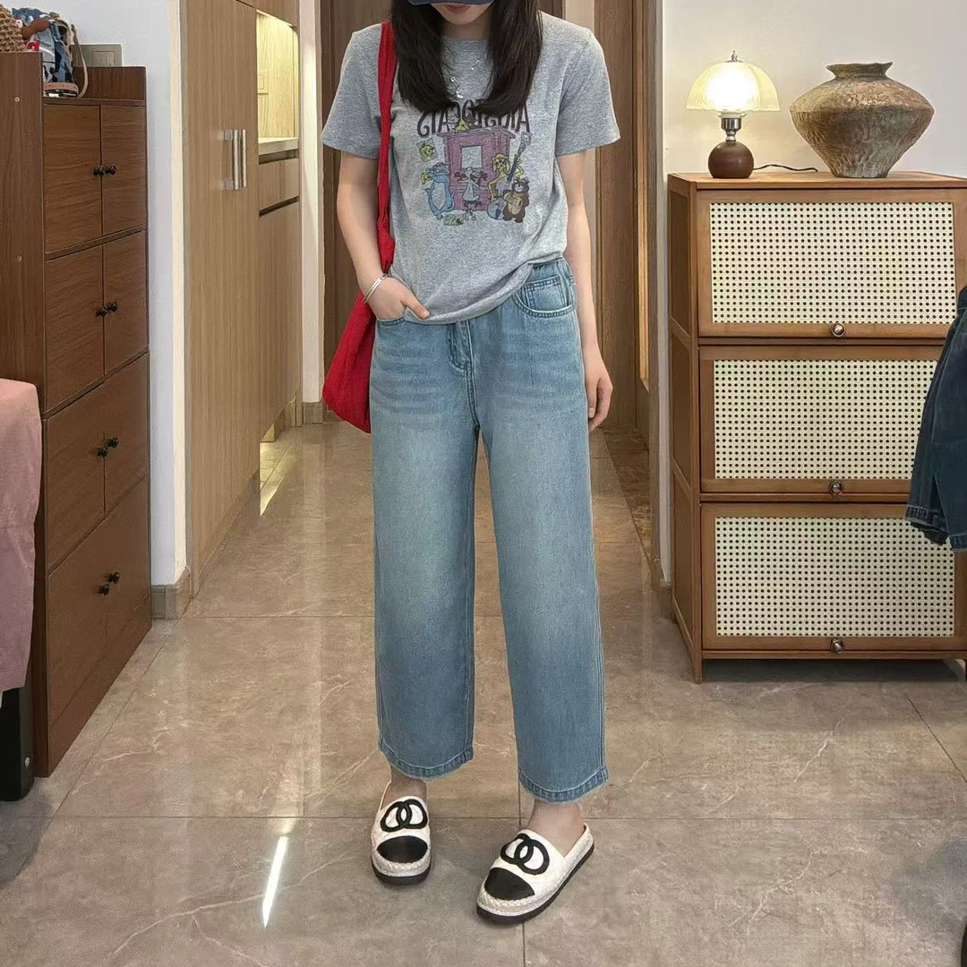 日系松紧腰夏款阔腿牛仔裤女梨形身材宽松小个子九分哈伦裤2025