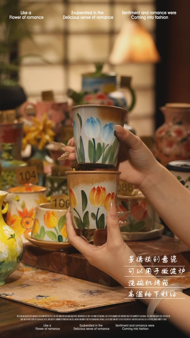 陶瓷一对景德镇高温手绘釉下彩设计师款式