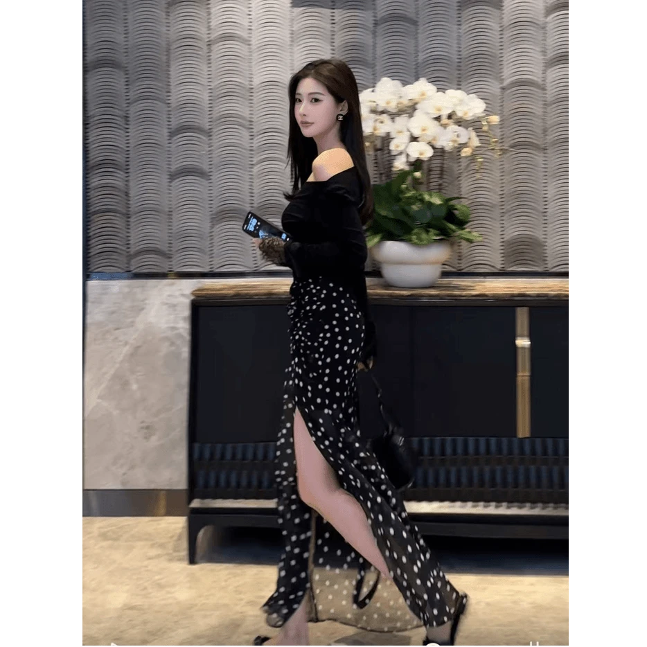 时尚设计感高腰开叉波点半身裙女春夏新款气质辣妹性感包臀长裙