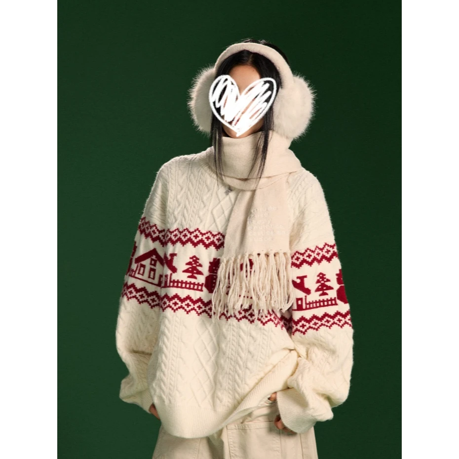 圣诞费尔岛提花菱格圆领毛衣女秋冬季加厚宽松慵懒风软糯针织上衣