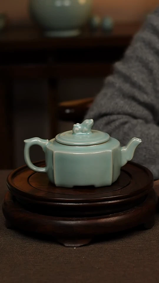 瓷片仿古天青全手工四方壶200ml 微瑕 不带礼盒