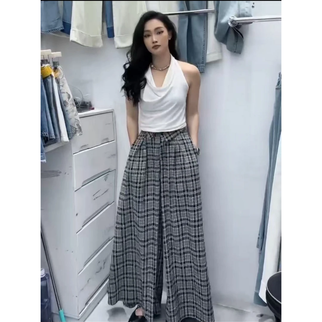 新款格子高腰阔腿裤裙女2025夏季新款薄款休闲百搭宽松半身长裙裤