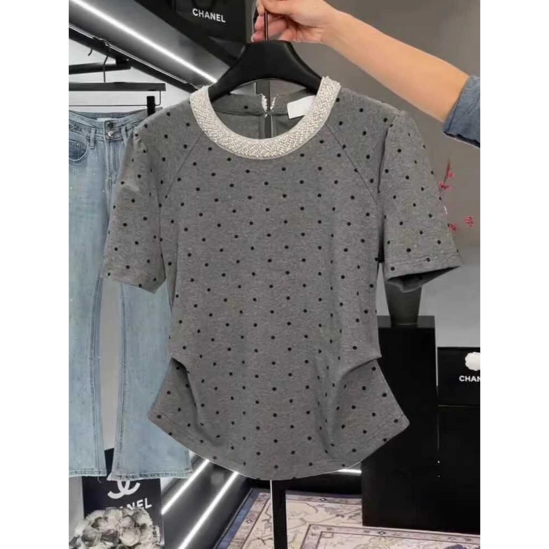 欧货钉珠波点短袖T恤女2025夏季大码胖mm遮肚子修身显瘦正肩上衣
