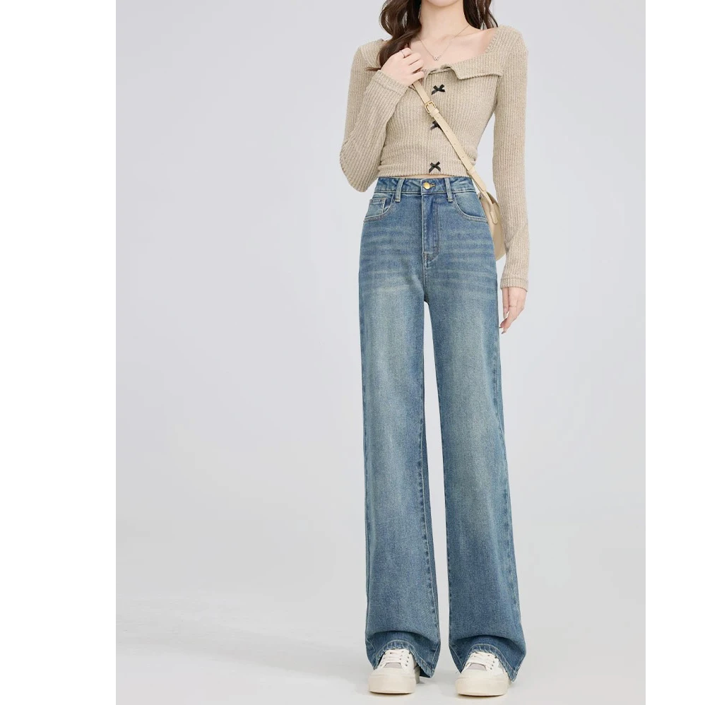 2025春夏薄款高腰窄版阔腿裤小个子显瘦垂感百搭直筒宽松牛仔裤女