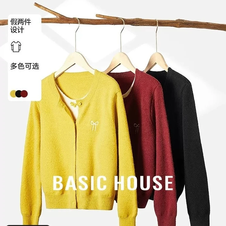 3875大码女装2025春季新款温柔风蝴蝶结软糯假两件针织开衫上衣女