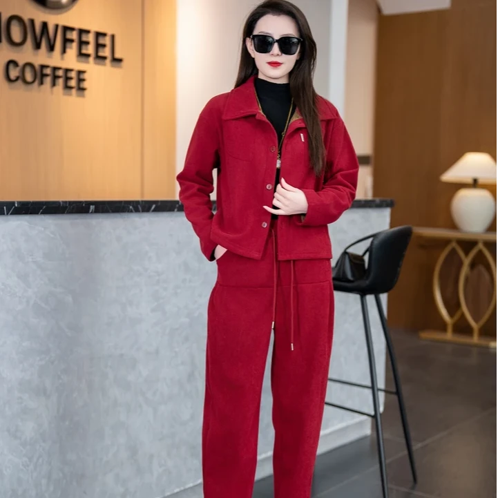 冬季加绒保暖时尚套装女新款减龄舒棉绒外套加厚两件套