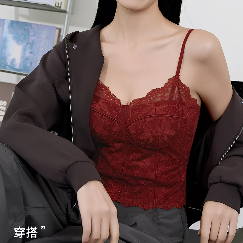 【宋昭瑶1】法式蕾丝马甲线吊带自带杯垫显瘦收腰