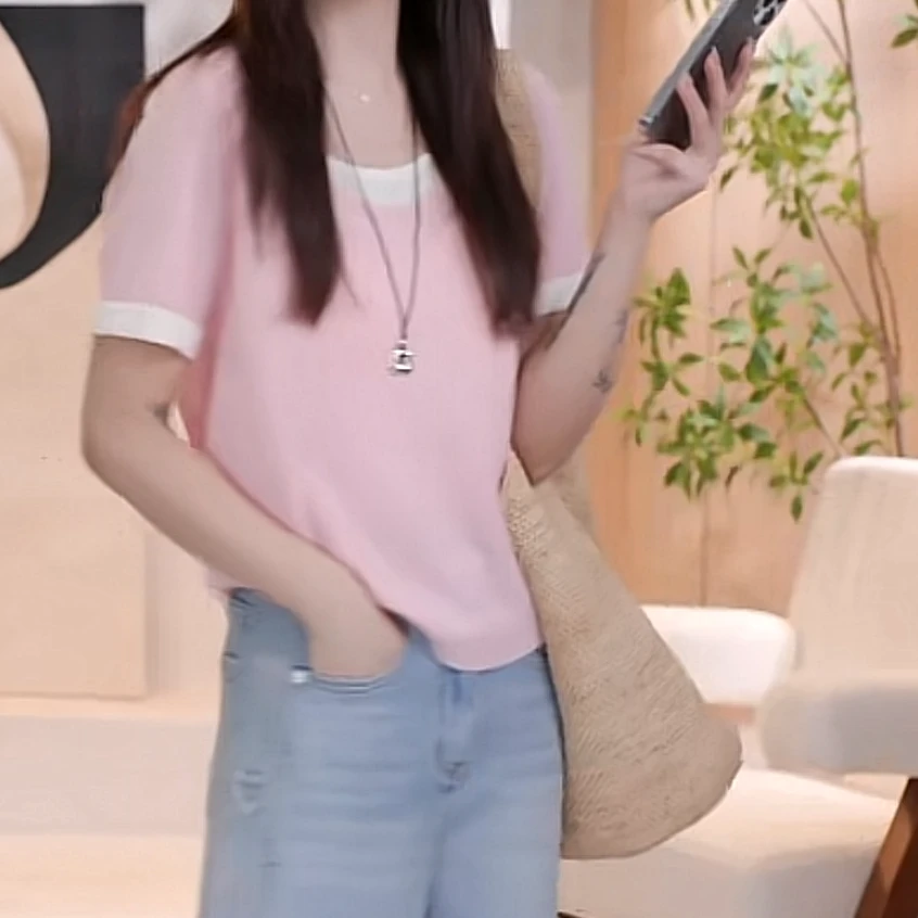 小个子简约INS风显瘦套头拼色短袖T恤女2025春夏圆领针织衫上衣