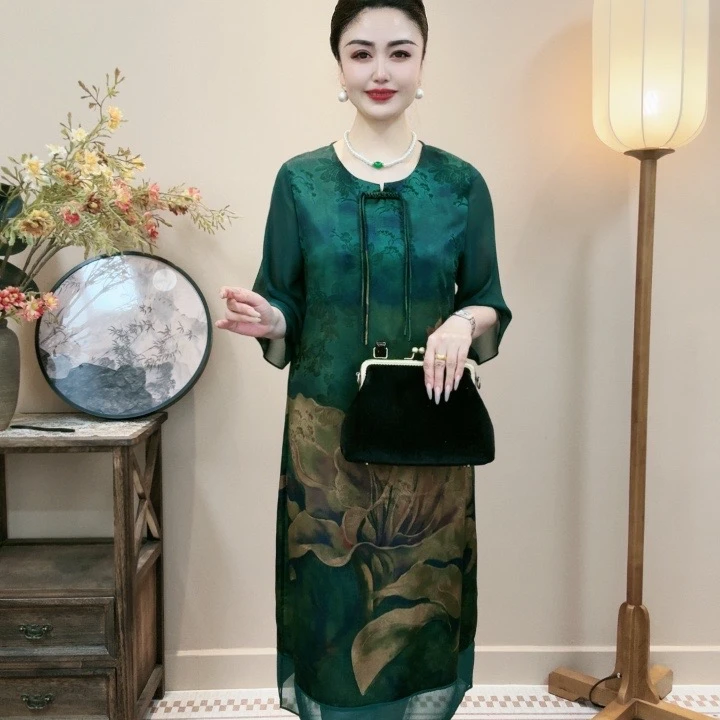 【芙蓉花】连袖夏季网纱袖中国风连衣裙唐装提花绿色网红复古旗袍女