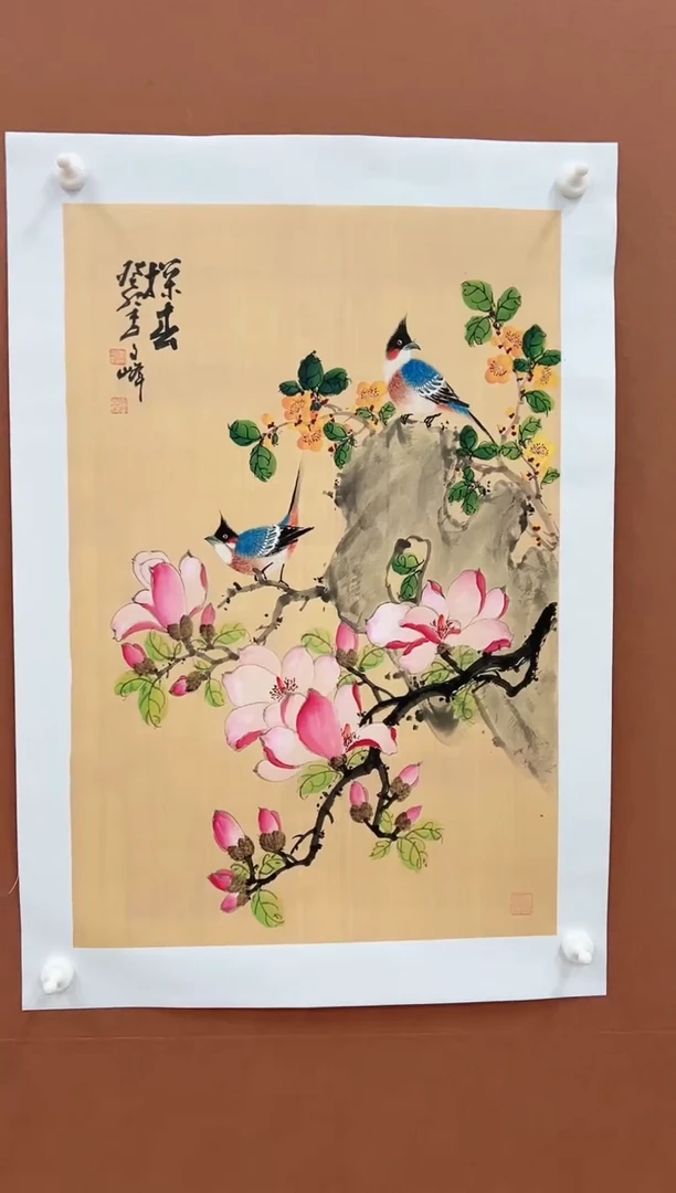 国画李文峰四尺三开工笔花鸟