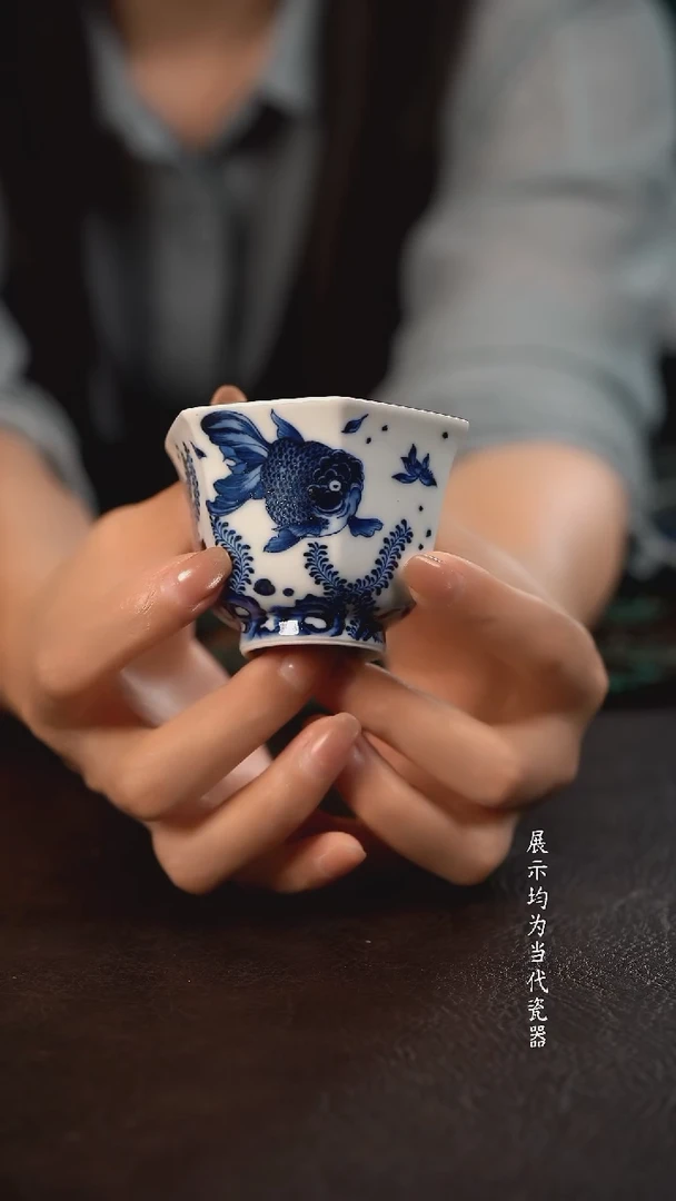 HLX陶瓷金鱼满堂六方杯