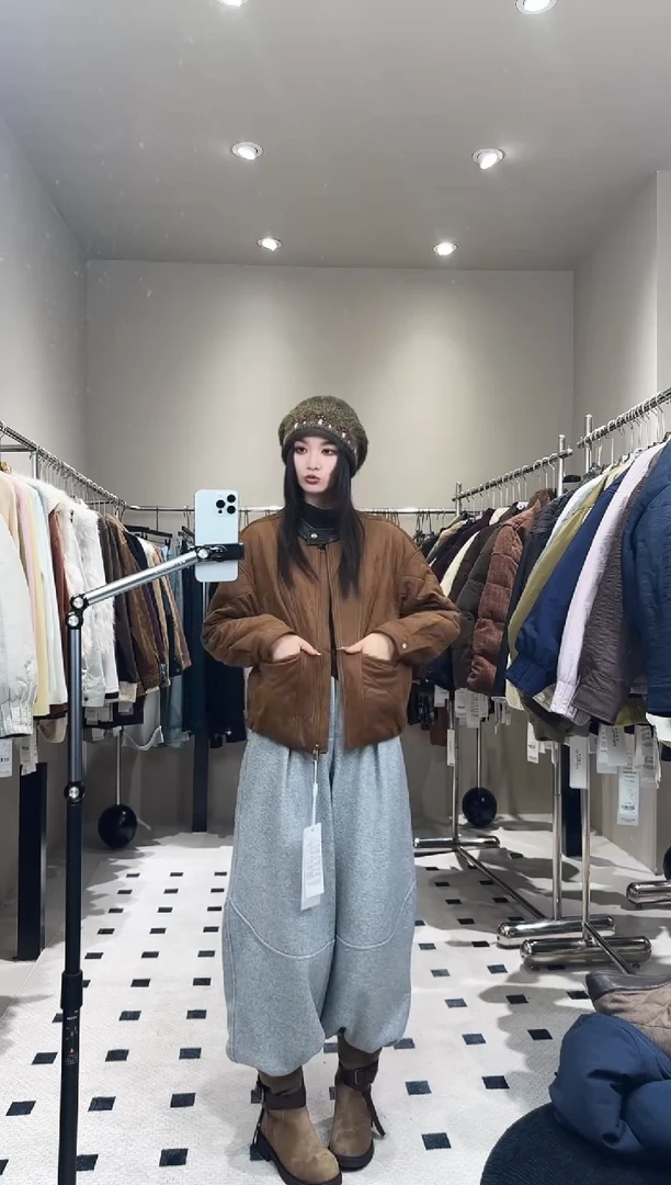 拼接皮领棉服咖色0000
