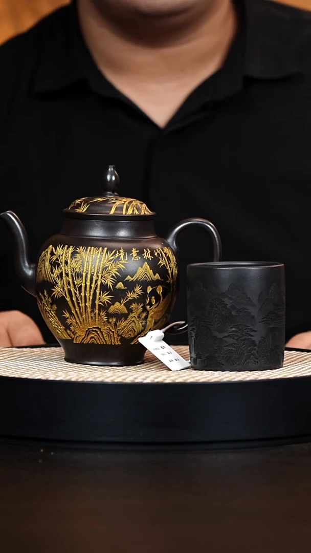 茶壶紫砂宫灯 石黄 竹一壶一杯