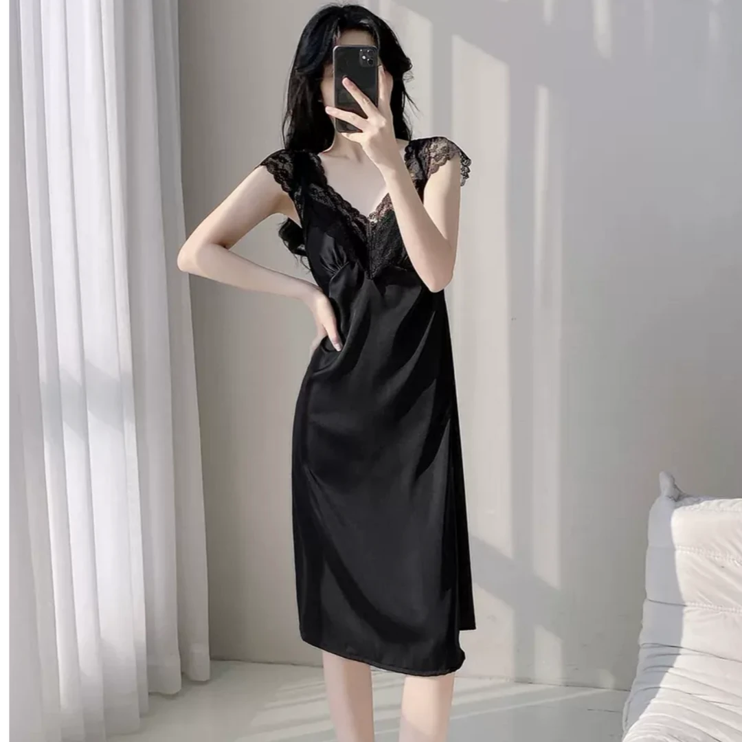 法式睡衣女款爆款夏季新款吊带睡裙带胸垫性感蕾丝冰丝薄款家居服