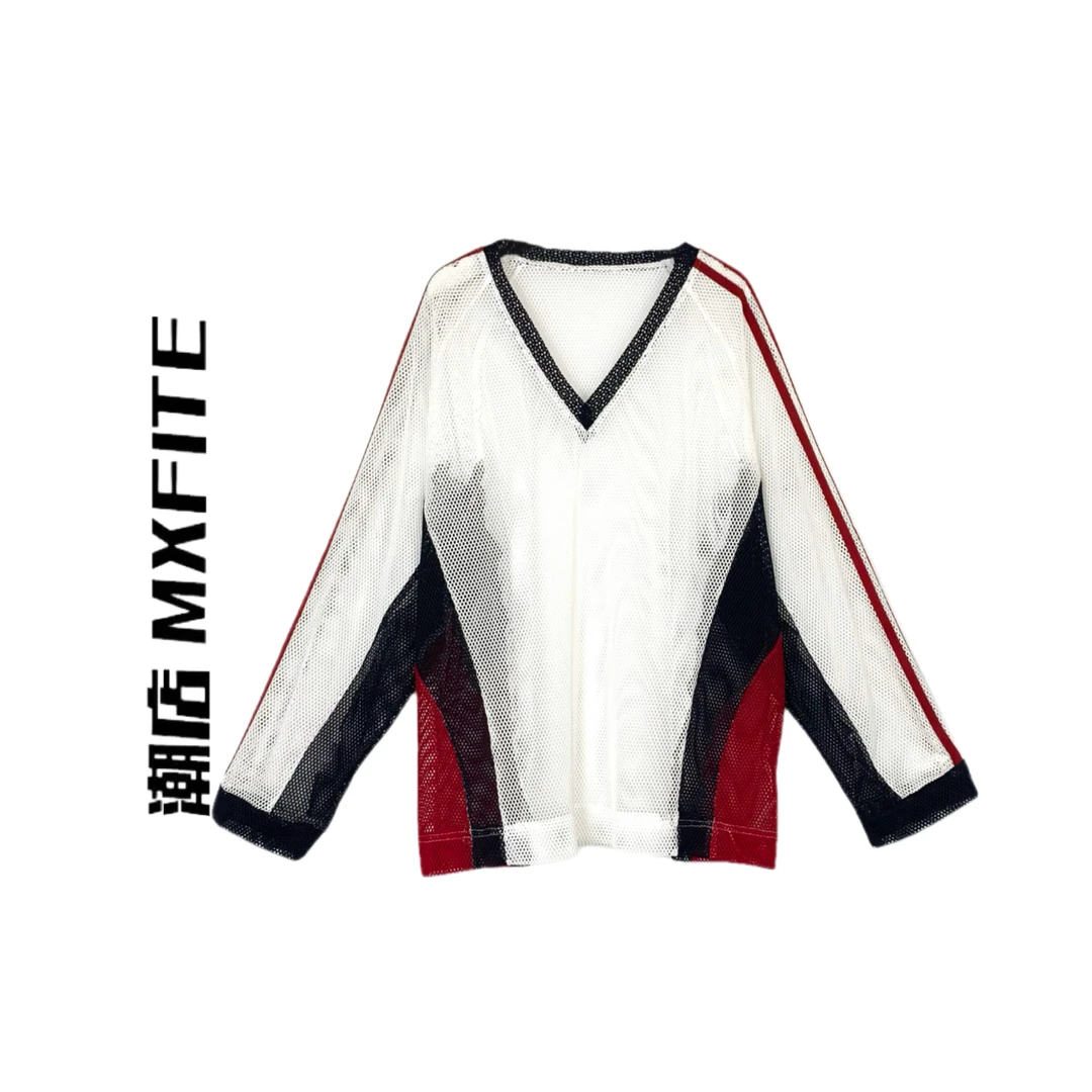 MXFITE潮店夏季新款个性拼接撞色V领长袖镂空网布T恤（J7683）