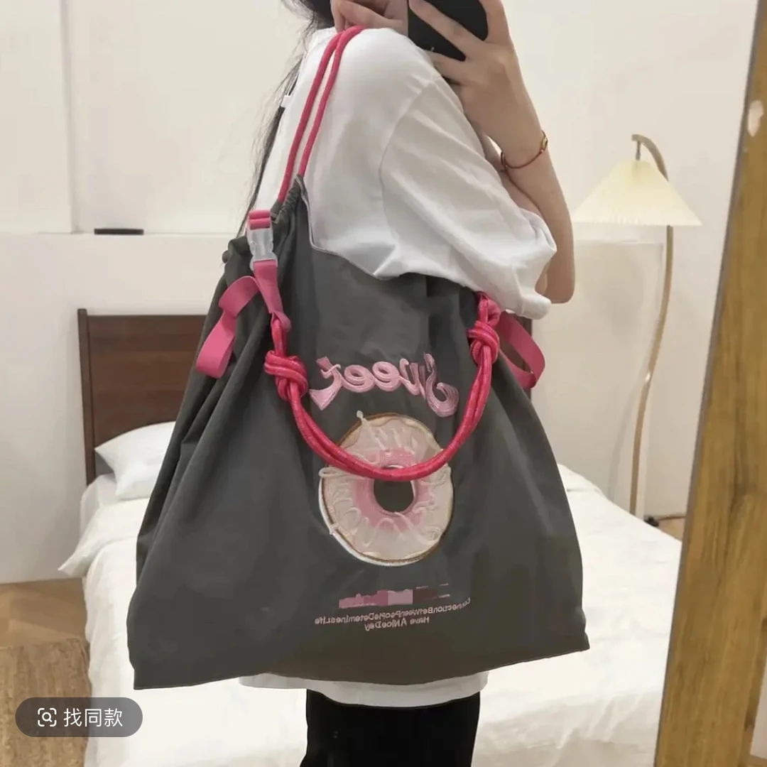 圆圆同款日本刺绣尼龙环保购物袋单肩斜跨大容量帆布包学生补课包