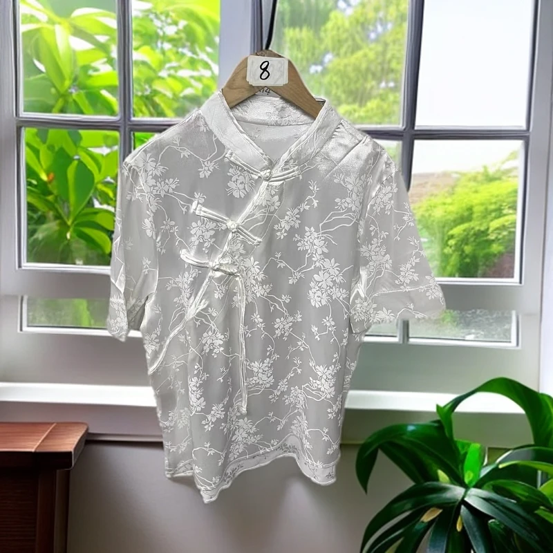 A081国风提花缎面宽松短袖女2025新款时尚盘扣旗袍立领打底T恤
