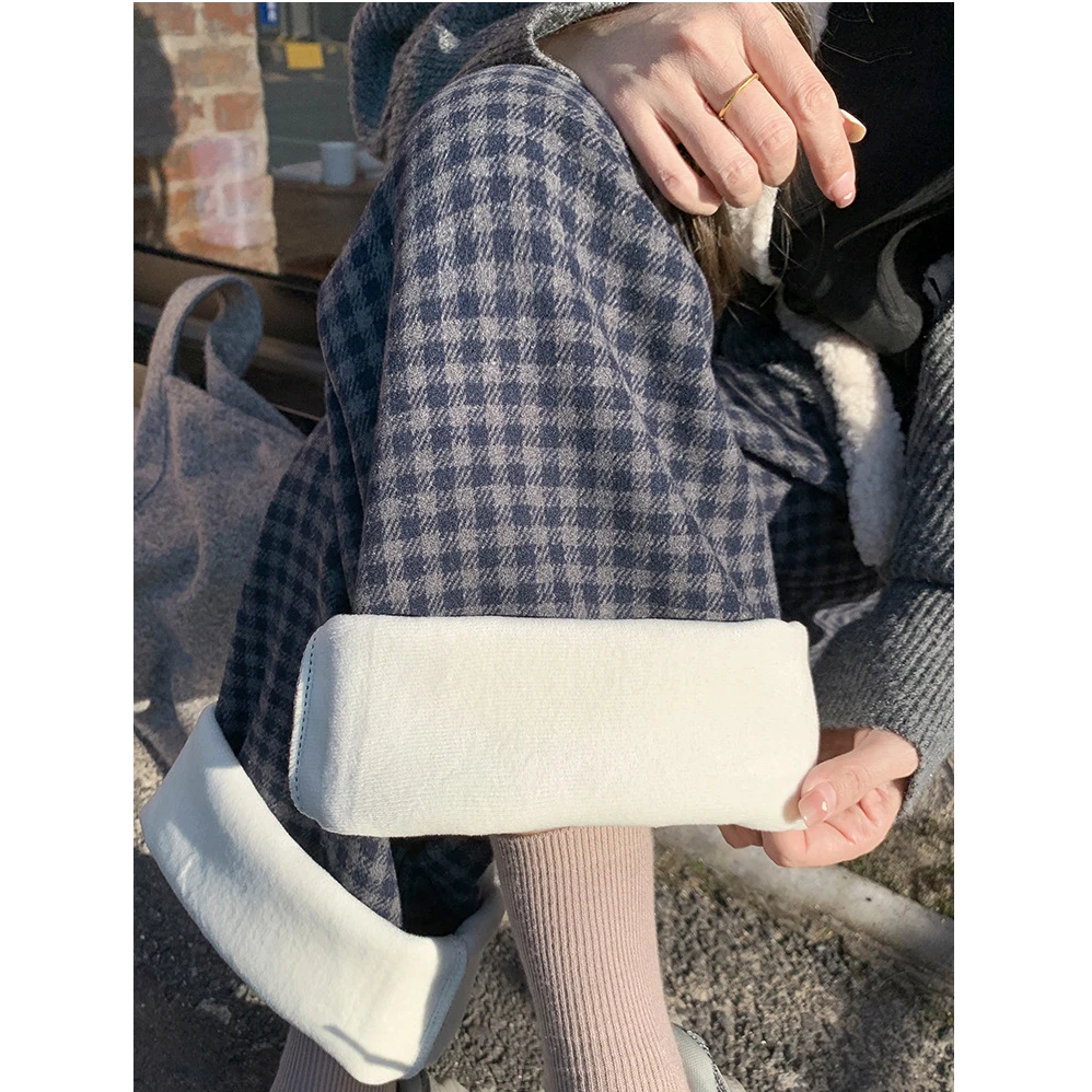 慵懒复古小格子阔腿裤女冬季新款加绒加厚高腰休闲日系毛呢阔腿裤