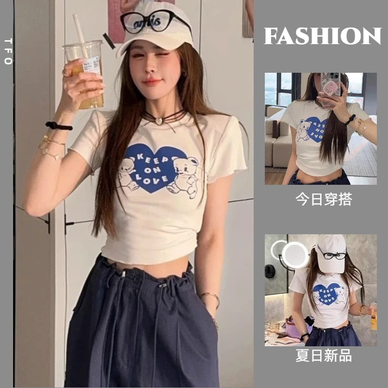 韩国2025夏季短款修身显瘦卡通爱心小熊印花垫肩短袖T恤女