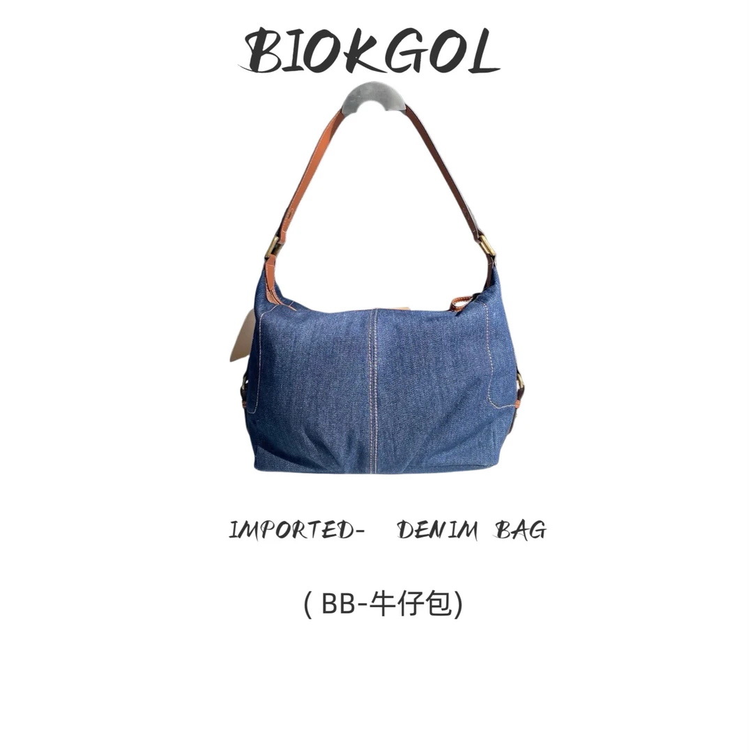 全进口头层牛皮配牛仔帆布 全黄铜五金 牛仔包 9177